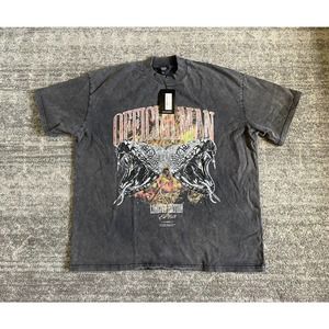 Boohoo Man Official Man Mens XL Graphic Tee Shirt Gray Foil Extended Neck NWT M9